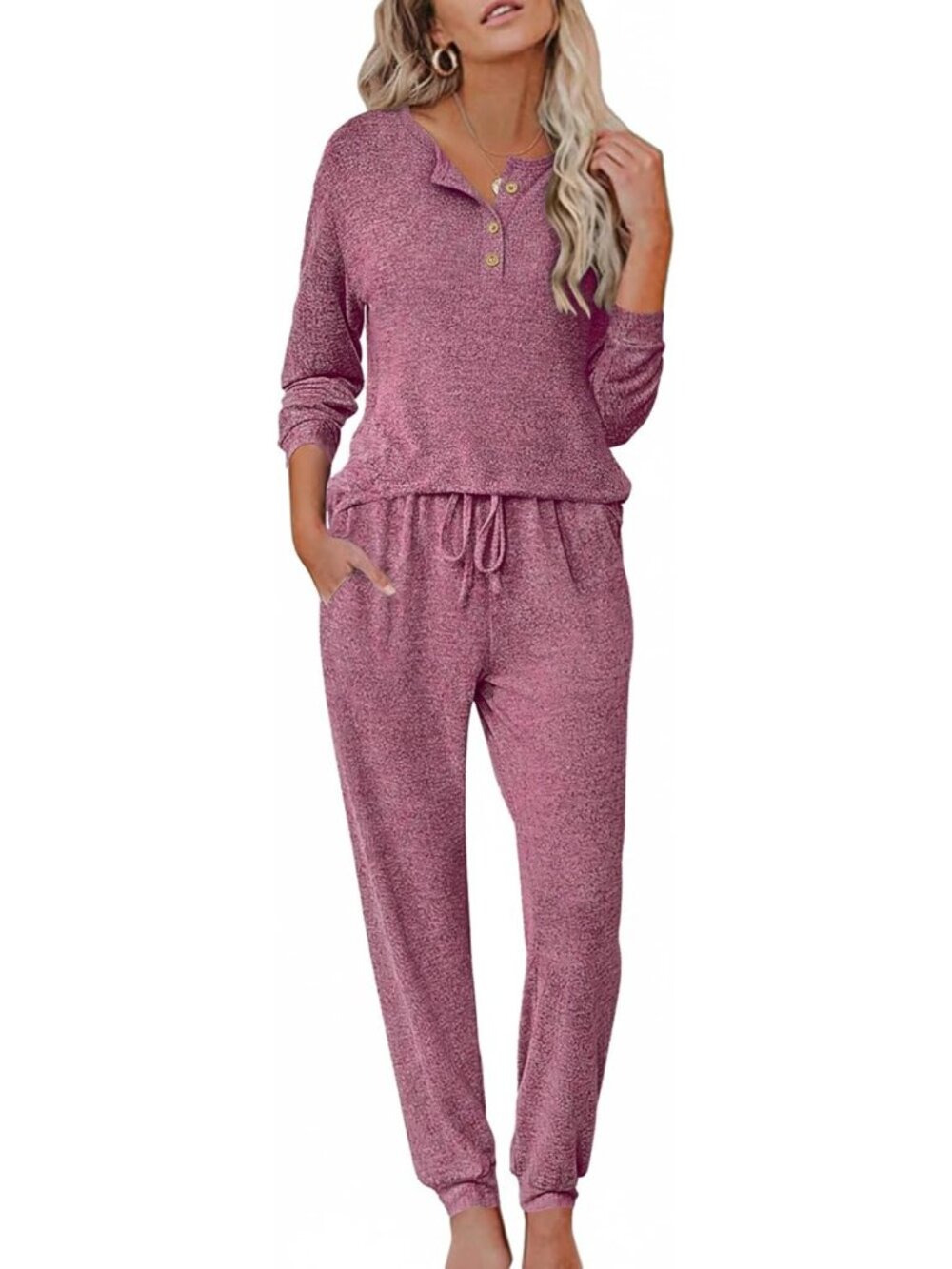 Women's Deep Red Plaid Henley Neck Long Sleeve Sleepwear 2 Piece Pajama Set